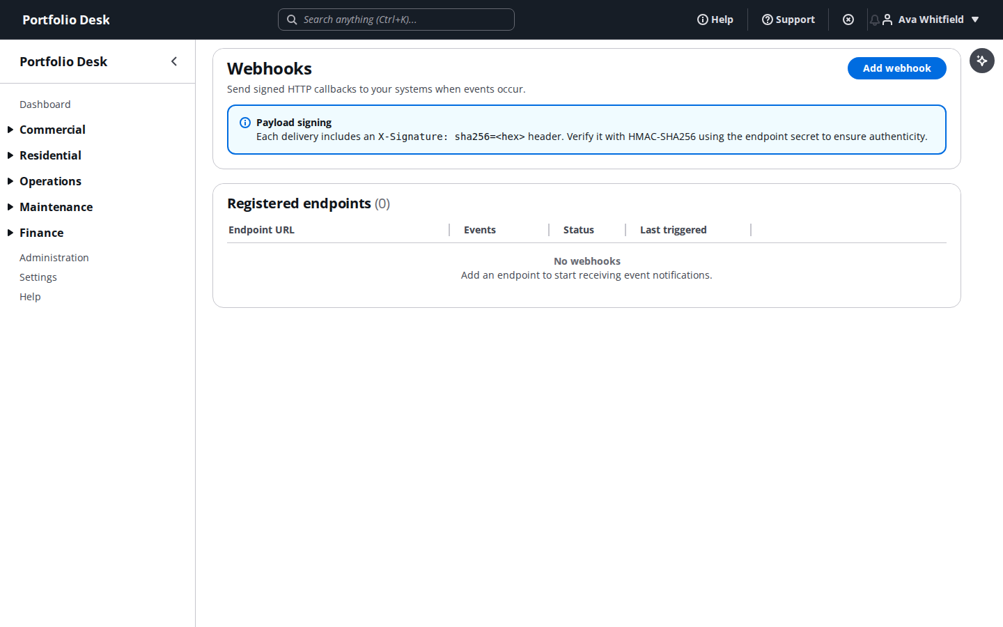 Webhook subscriptions screen