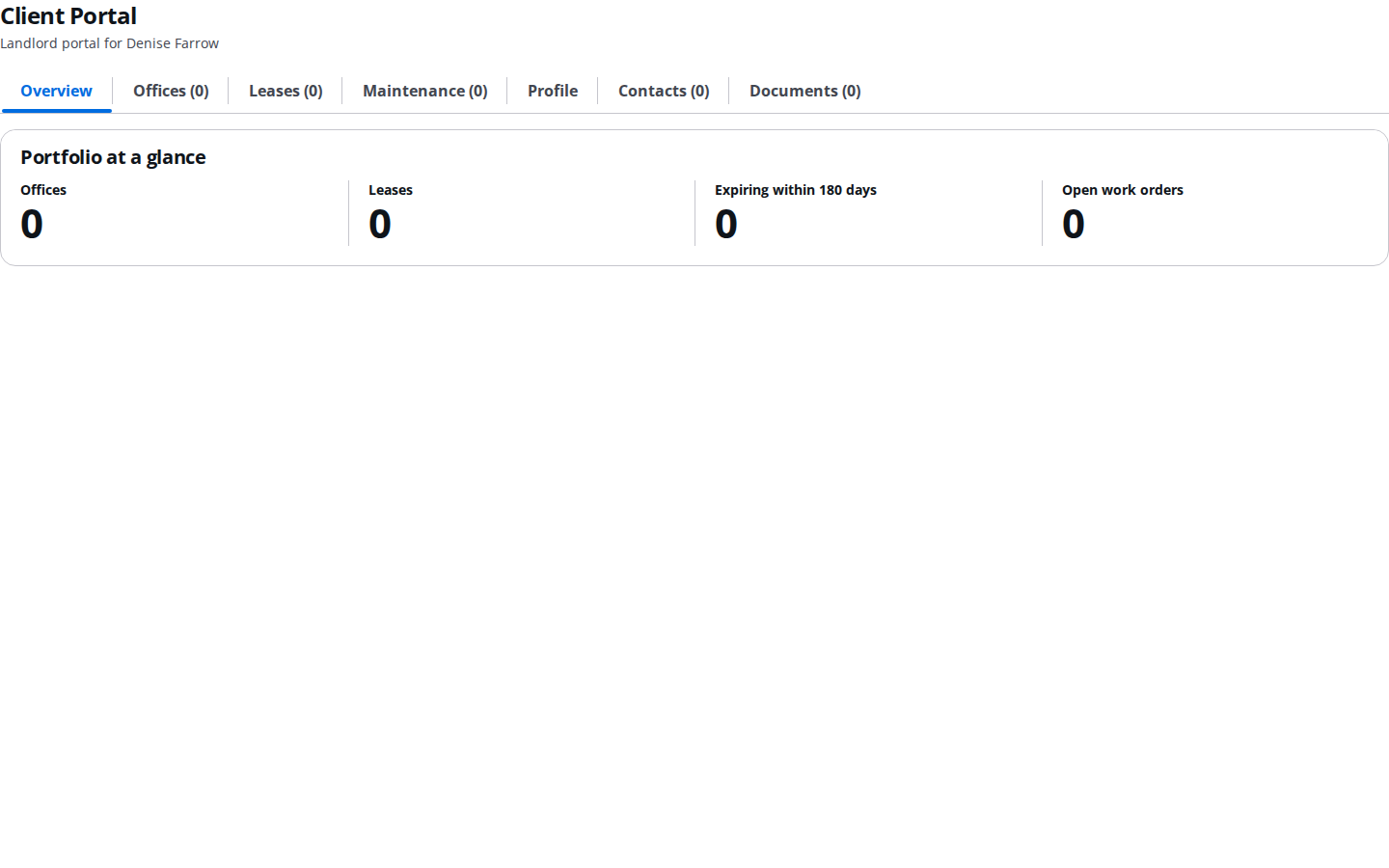 Client portal home showing property and contact details
