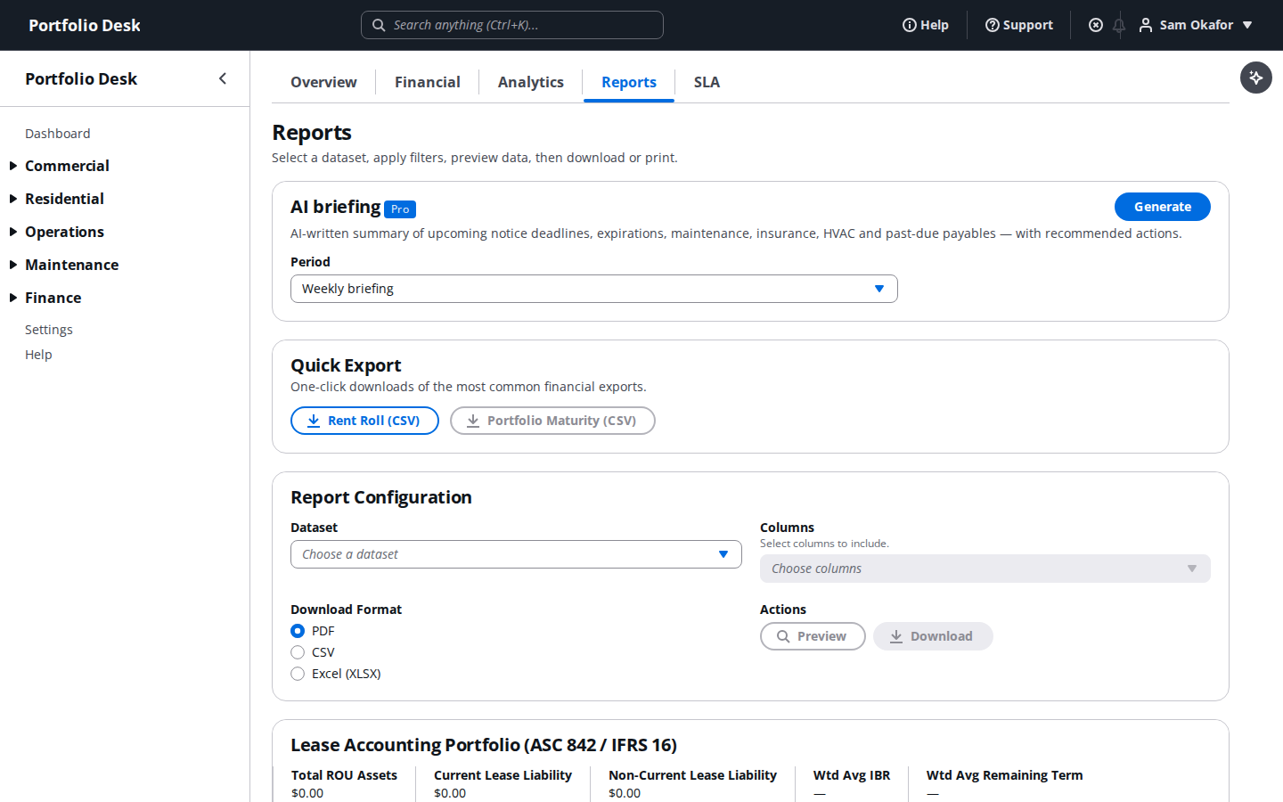 Report exports screen with generated report list